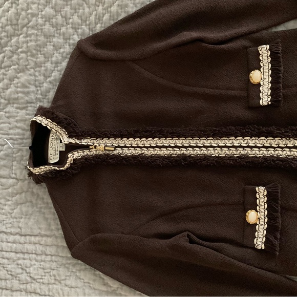 St. John Collection Brown Blazer with Cream Trim and Zipper Closure - Picture 2 of 7